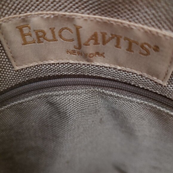 Eric Javits Raffia Beige Weaved Tote Shoulder Bag Croc Embossed Leather Trim - Picture 8 of 9